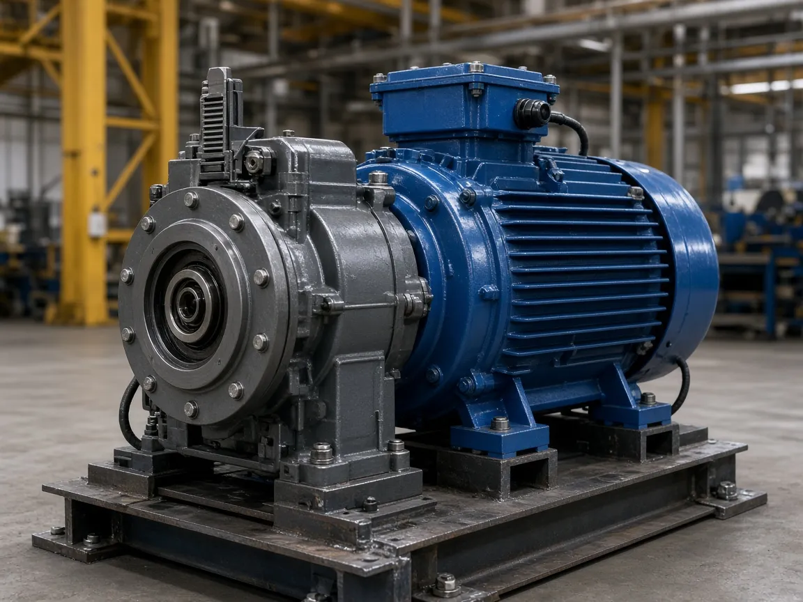 Elektromotor mit angeflanschter Bremse in einer Industriehalle, ohne Logo