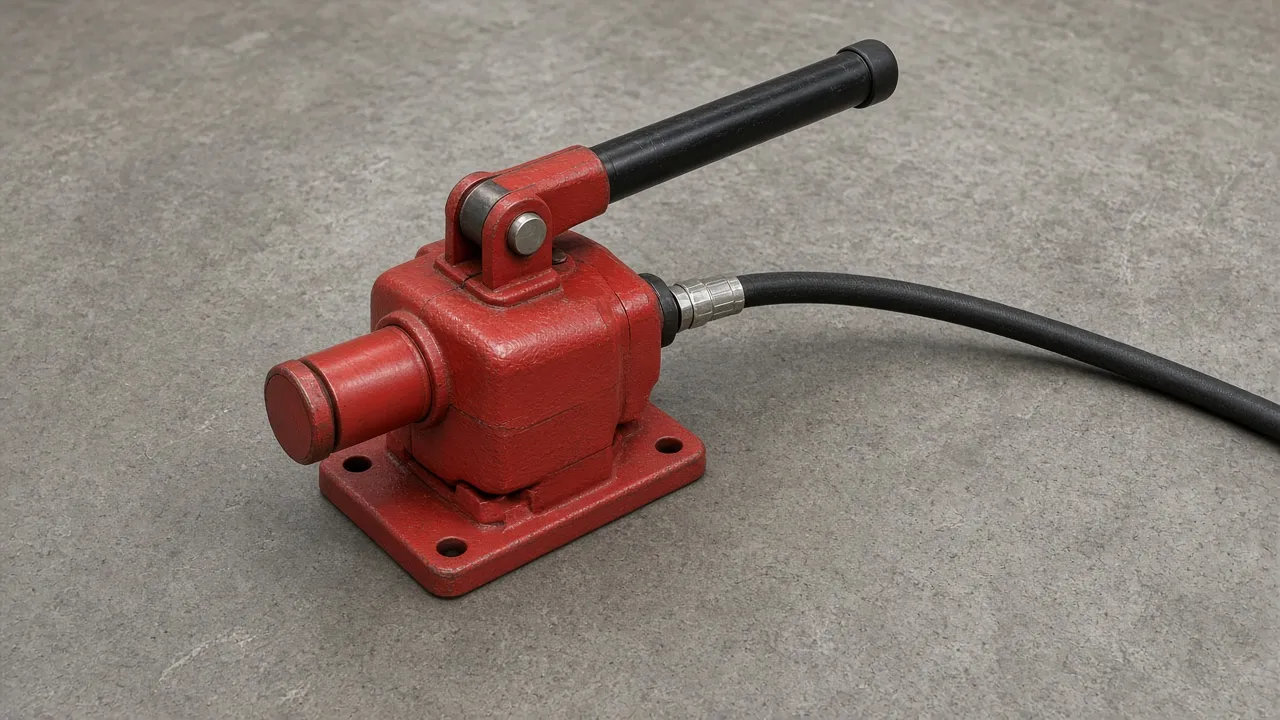 Hydraulische Handpumpe mit Schlauch auf einem Werkstattboden, ohne Aufschrift