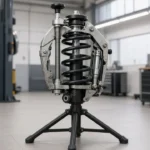 Hydraulischer Federspanner auf Dreibein-Ständer mit eingespanntem Federbein in einer sauberen Werkstatt, ohne Markenlogo