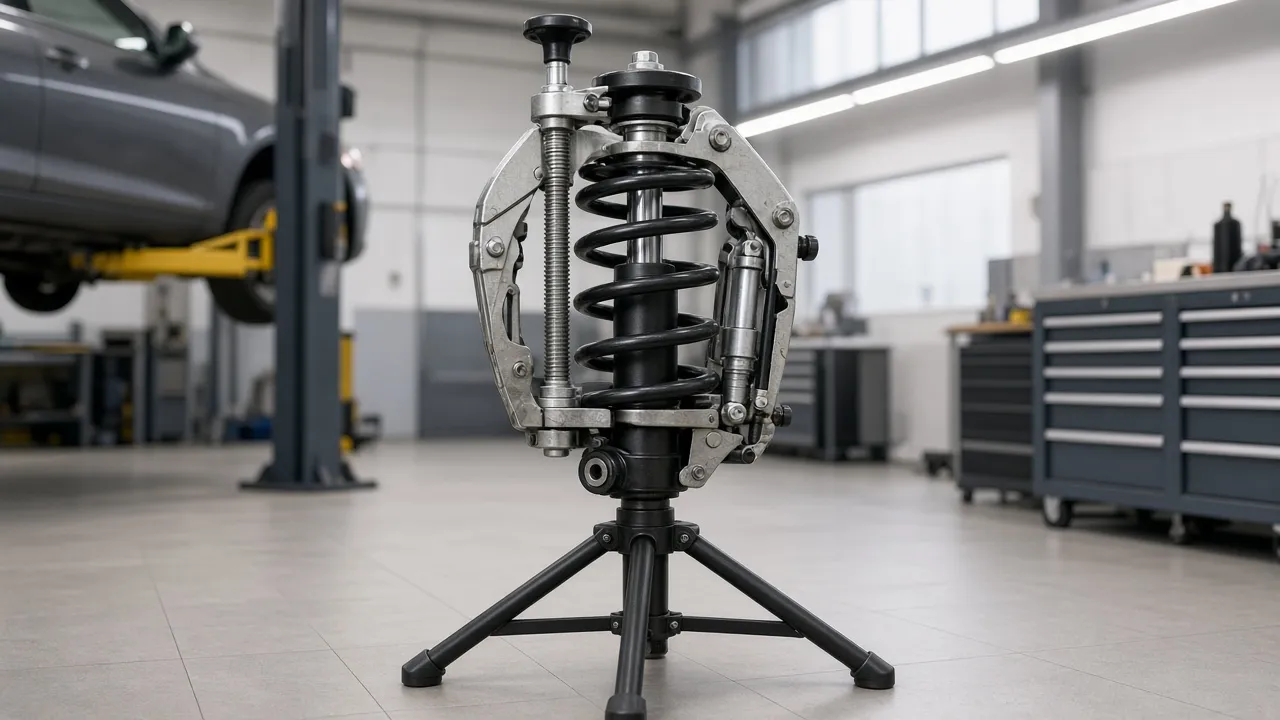 Hydraulischer Federspanner auf Dreibein-Ständer mit eingespanntem Federbein in einer sauberen Werkstatt, ohne Markenlogo