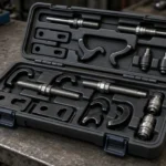 TECPO Federspanner: Sets, Daten & Alternativen Federspanner-Set in einem Kunststoffkoffer auf einer Werkbank, ohne Markenlogo